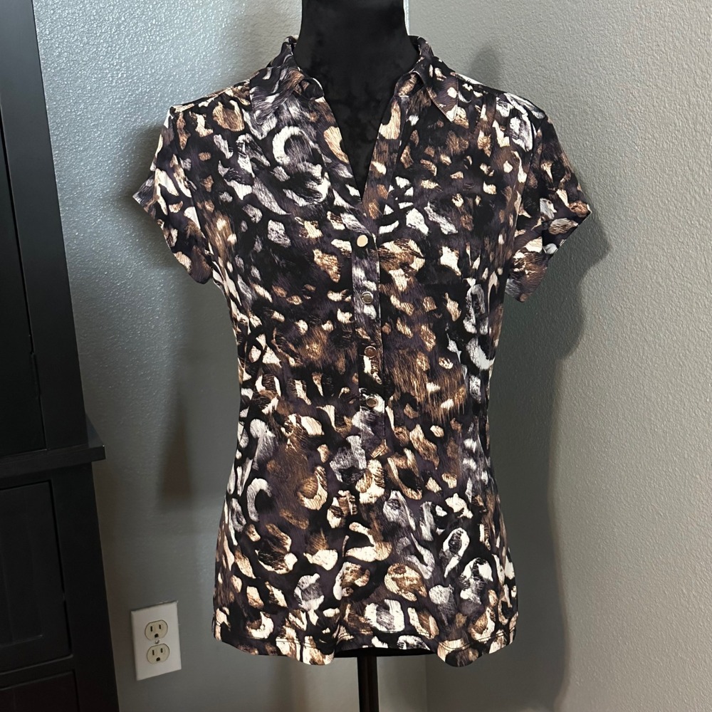 Alfani Leopard Print Blouse Medium Black Animal Button Front Stretch Top Modern